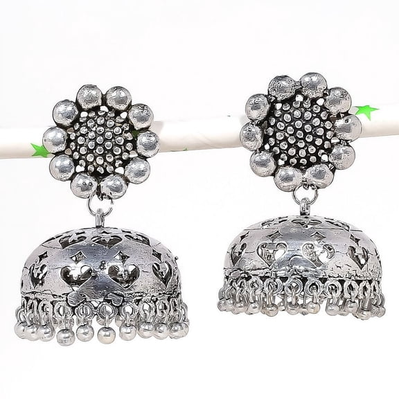 Indian Look Jhumki Gemstone Handmade 925 Sterling Silver Jewelry Earring 1.97 "