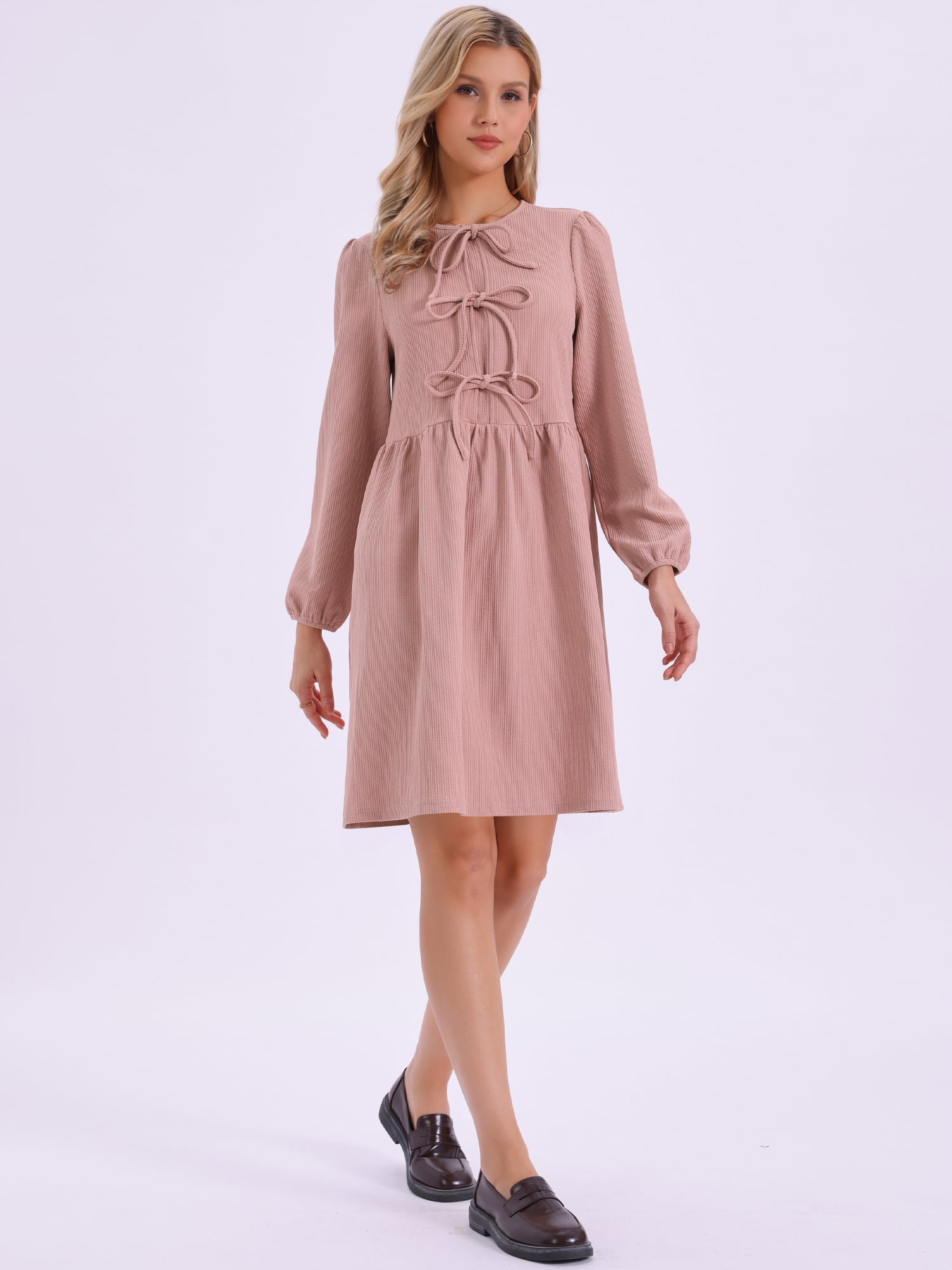 DARING DIVA Women's Fall Long Sleeve Bow Tie Front Cute Tunic Dress XS Grey Pink