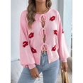 thumbnail image 6 of Women Jacquard Pattern Crew Neck Front Self Tie Cutout Lantern Long Sleeve Loose Knit Sweater Pink XL, 6 of 9