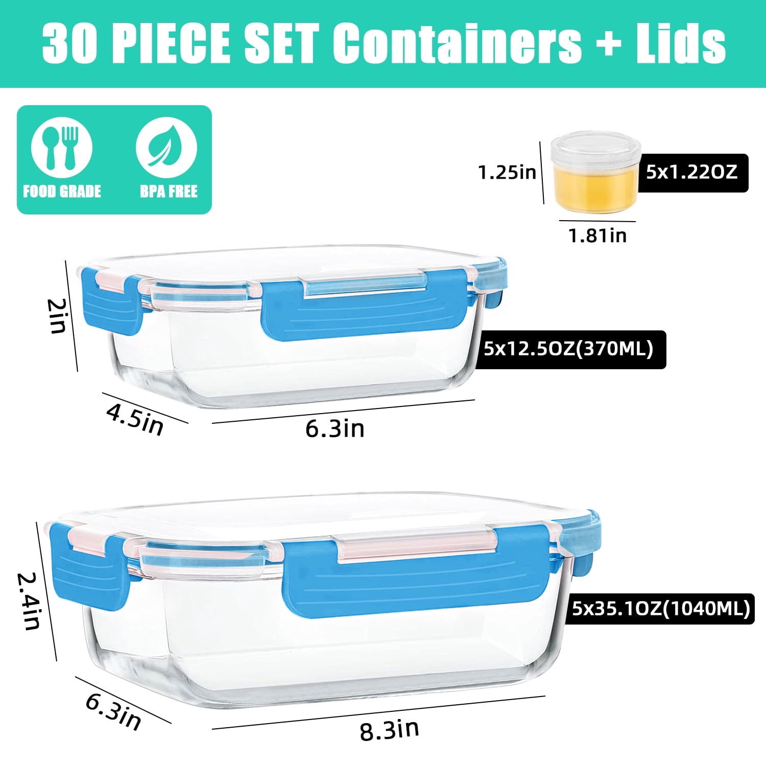 30Pcs Glass Food Storage Containers with Lids, Glass Airtight Meal Prep Container Set for Lunch, Kitchen Pantry Organizers and Storage, Leak Proof, Blue