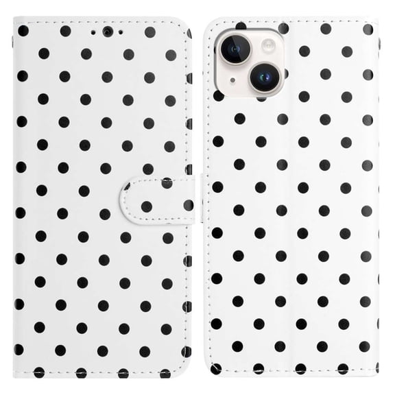 for iPhone 15 Wallet Case with Wrist Strap - Faux Leather Flip Folio Phone Case with Card Holder Slot Kickstand Cute Aesthetic Small Round Dot Design for Women Ladies, White