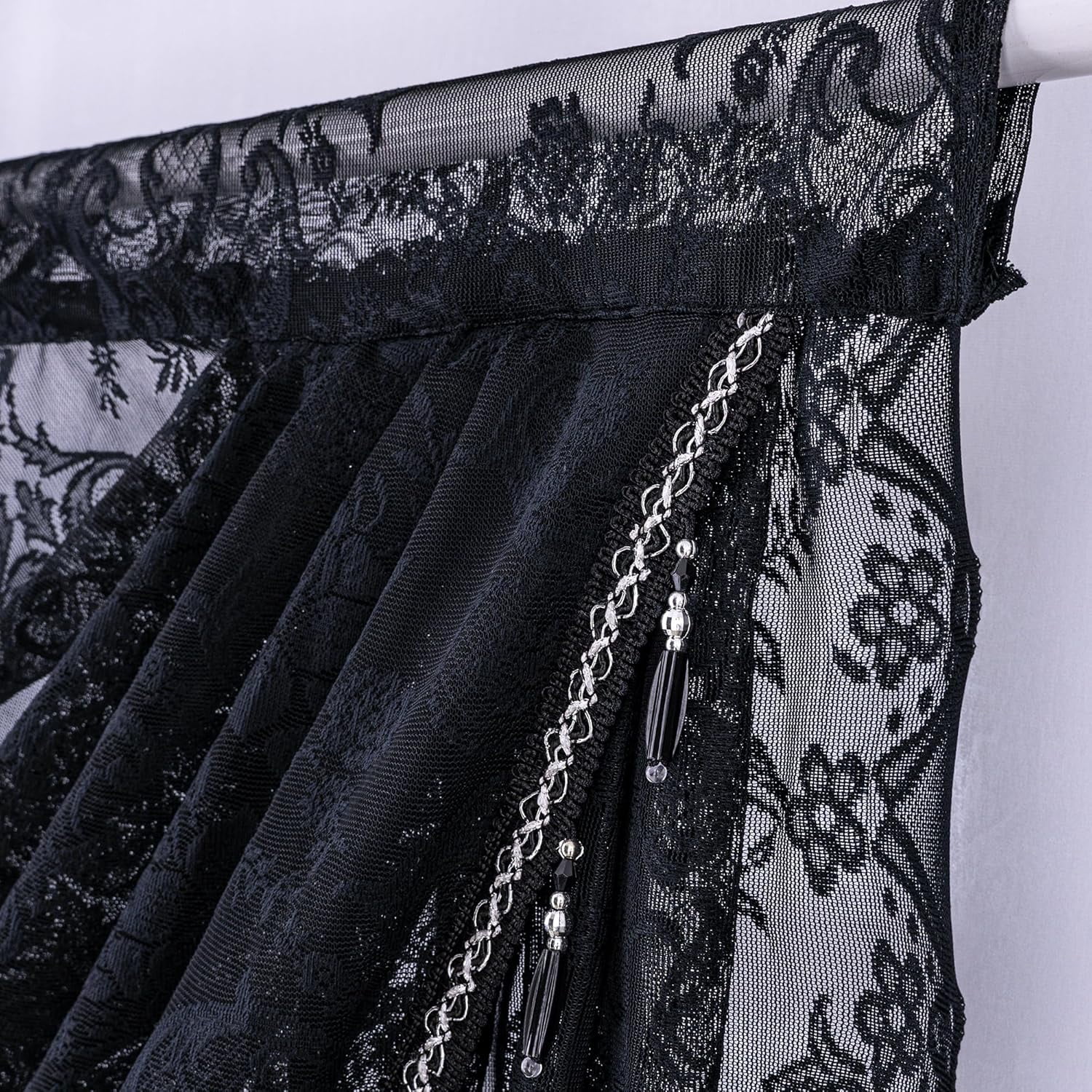 XmhyTop-A Black Window Valance 150x105cm, 1 Piece Bead Tassels Floral Semi Sheer Rod Pocket Valance Curtains, Decorative Lace Valance for Home