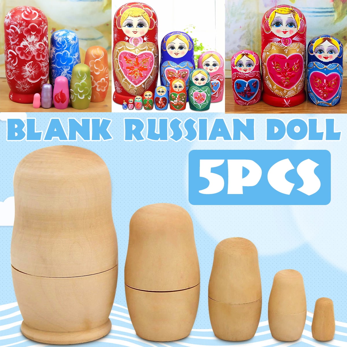5 Pcs Unpainted DIY Wooden Russian Doll, Blank Craft Embryos Matryoshka