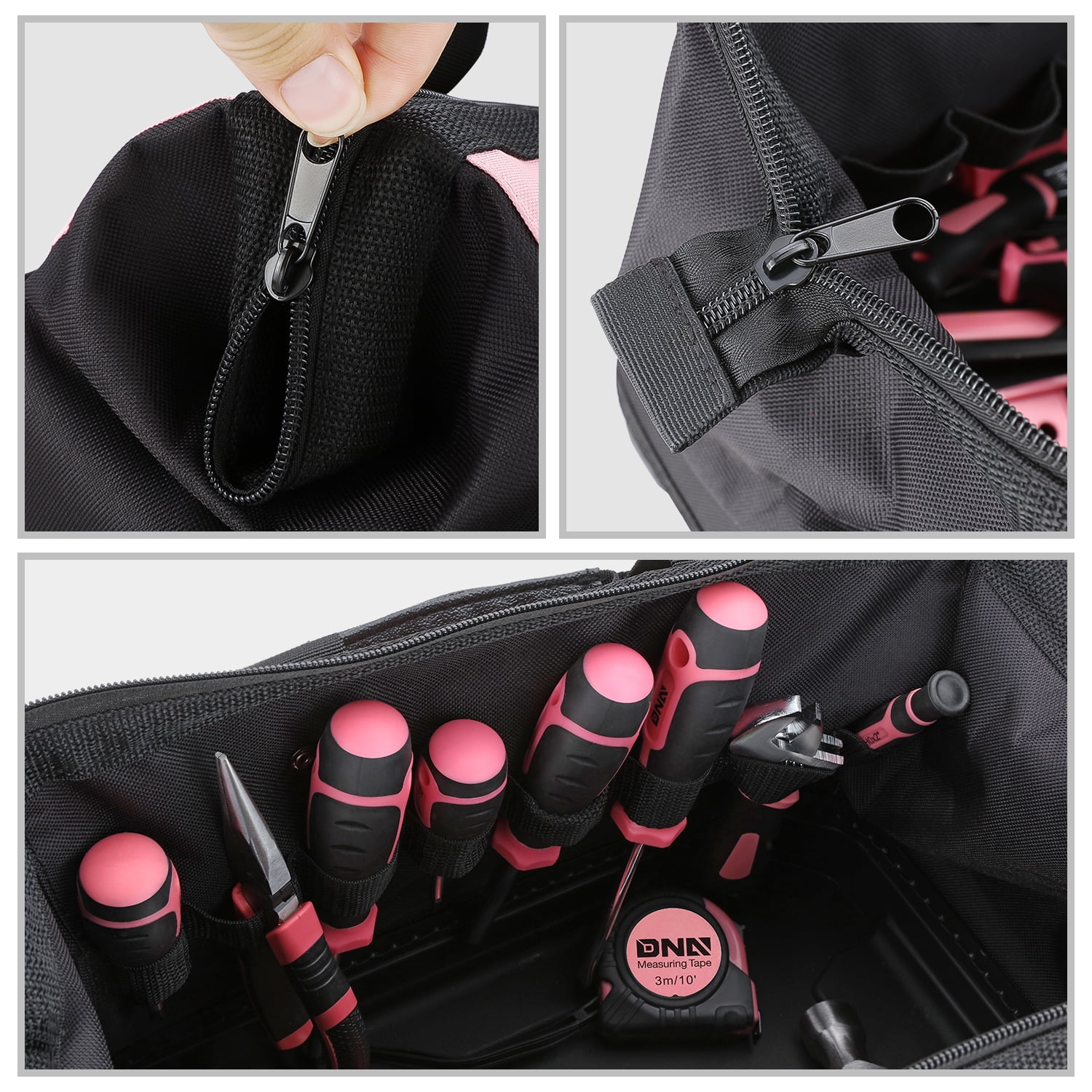 DNA Motoring TOOLS-00206 Pink 37 PCs Portable Tool Kit Household General Repair Water Pump Pliers Hacksaw Set Hand Tool Canvas Bag