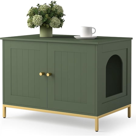 Cat litter box, cat bathroom furniture with metal frame, pet house, suitable for most cat litter boxes, modern style, green and gold