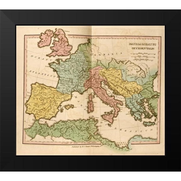 Vintage Maps 13x12 Black Modern Framed Museum Art Print Titled - Lands of the Patriarchs in the Western Europe 330 CE