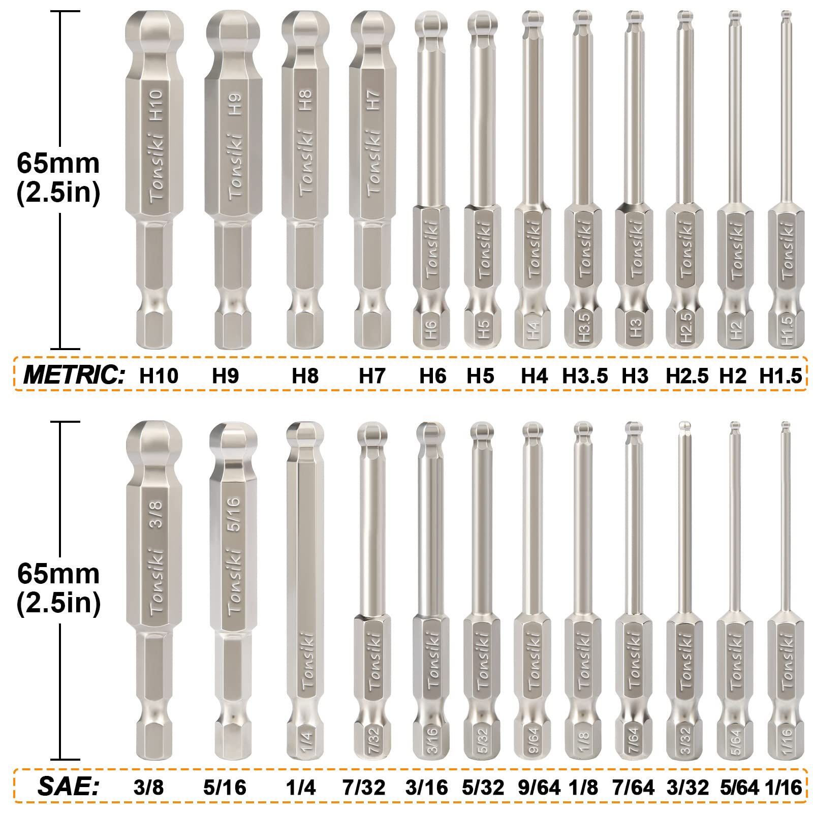 Tonsiki Hex Head Allen Wrench Drill Bit Set 24pcs (Metric&SAE), 1/4” Hex-Shank S2 Steel Allen Key Drill Bit