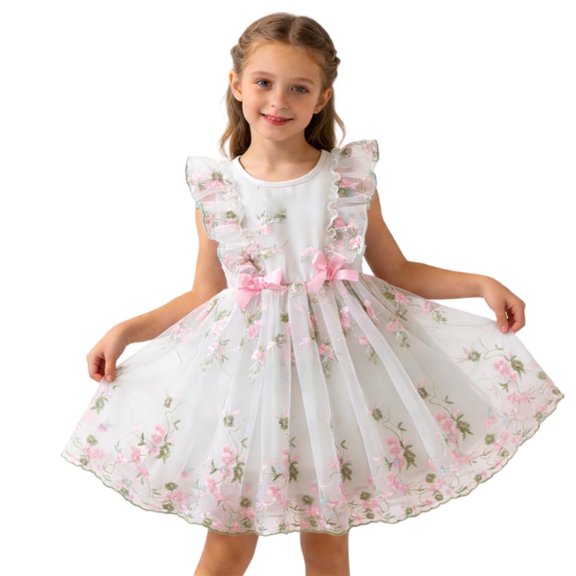 Girl's White Floral Embroidered Tulle Party Dress, Ruffled Sleeves for Birthday Easter & Flower Girl,Size 5-6 T