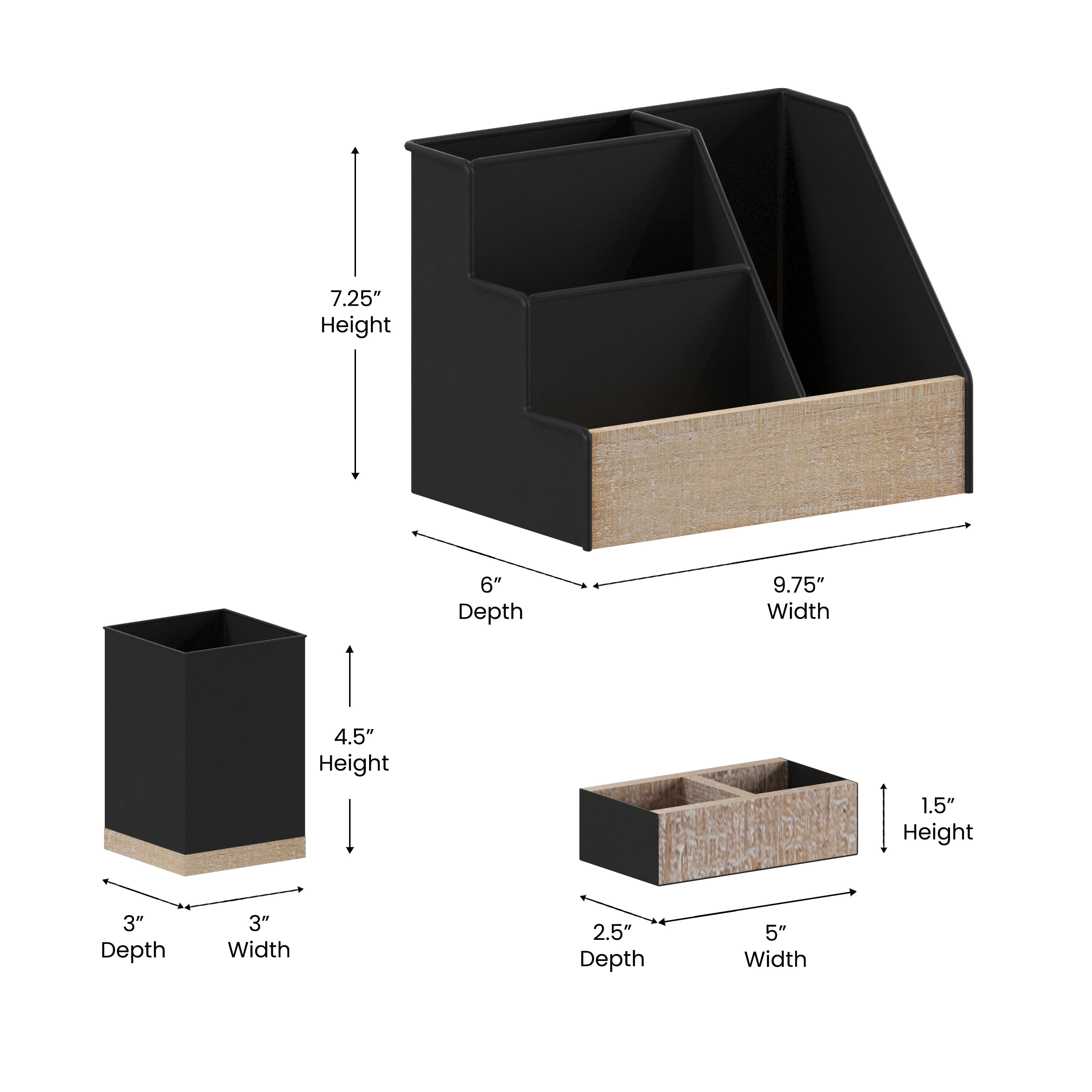 Merrick Lane 3 Piece Desk Organizer Set for Desktop, Countertop, or Vanity in Black Finished Metal and Rustic Wood