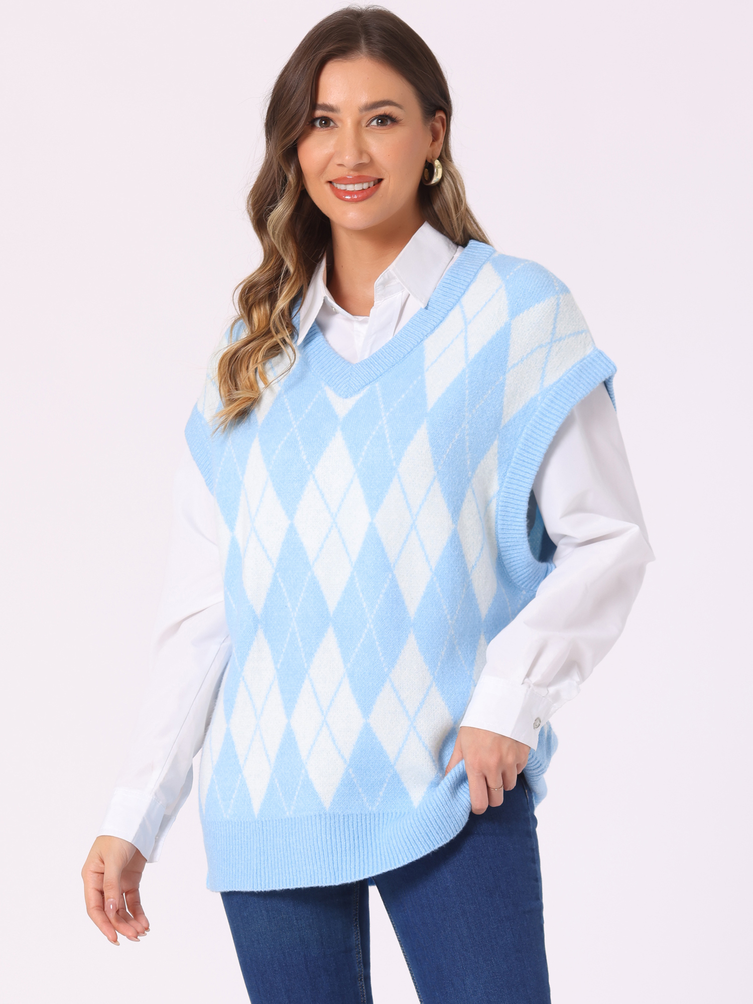 DARING DIVA Plus Size Contrast Color Sweater Vest Knit Pullover M Blue