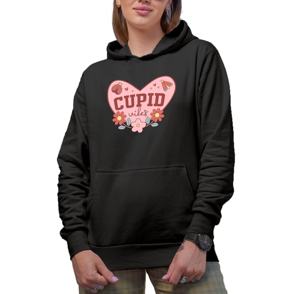 Cupid Vibes with Flowers & Lady Bug, Retro Valentine's Day or Valentine Gift, Black Hooded Sweatshirt or Hoodie, Small