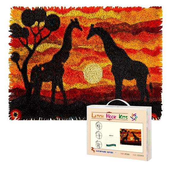 Latch Hook Rug Kit Silhouette of Two Giraffes in Sunset Pre-Printed Handmade Carpet Crochet Yarn Craft DIY Hook and Latch Door Mat Tapestry for Home Floor Decoration 52x38cm-2