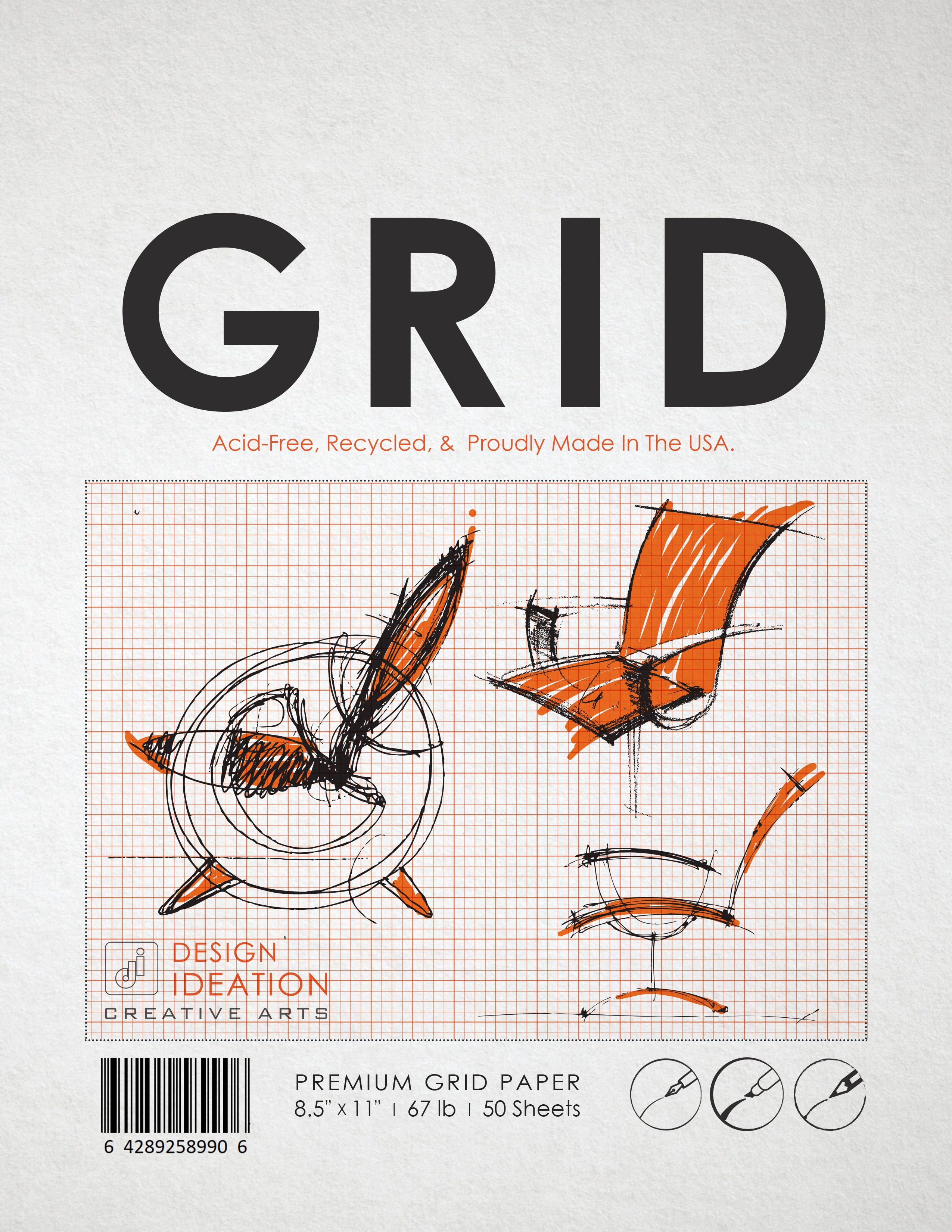 ORANGE Grid Paper : Multi-media grid paper for pencil, ink, marker and watercolor paints. (8.5" x 11") (100 Sheets)