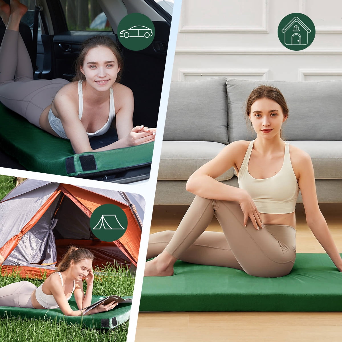 L'AGRATY 3" Memory Foam Camping Mattress Pad, Portable Sleeping Pad for Adult, Waterproof Roll Up Mattress for Travel Truck Bed Tent, Car Bed with Travel Bag, Twin, Green