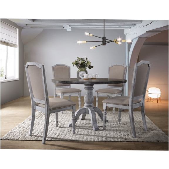 JERFIT 5-Piece Farmhouse Dining Set, Weathered White Round Table and 4 Upholstered Chairs for Kitchen Dining Room