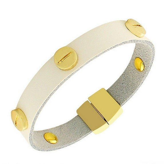 Fashion Alloy White Leather Yellow Gold-Tone Wristband Wrap Bracelet