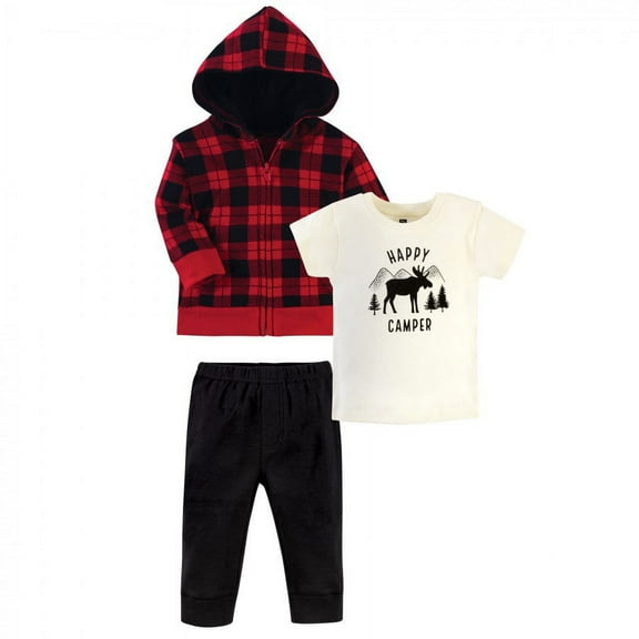 Hudson Baby Infant and Toddler Boy Cotton Hoodie, Bodysuit or Tee Top and Pant Set, Plaid Moose Toddler, 2 Toddler