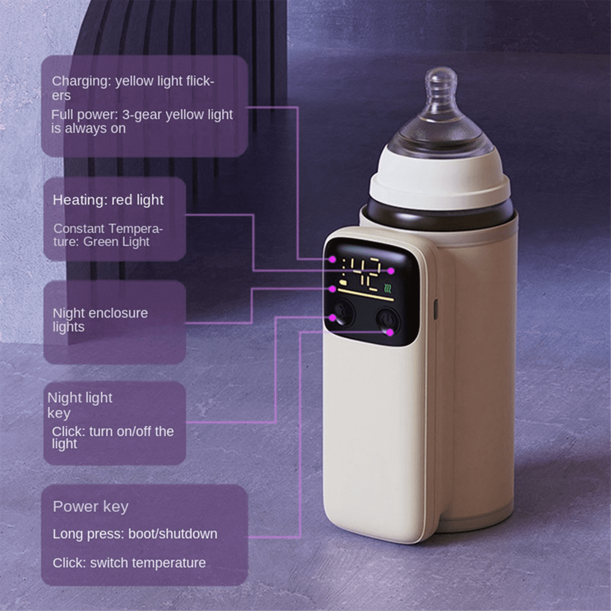 Bottle Heating Jacket 6Levels Adjustment Temperature Display Night Light Lighting Portable Baby Bottle Heater 6000Amh B