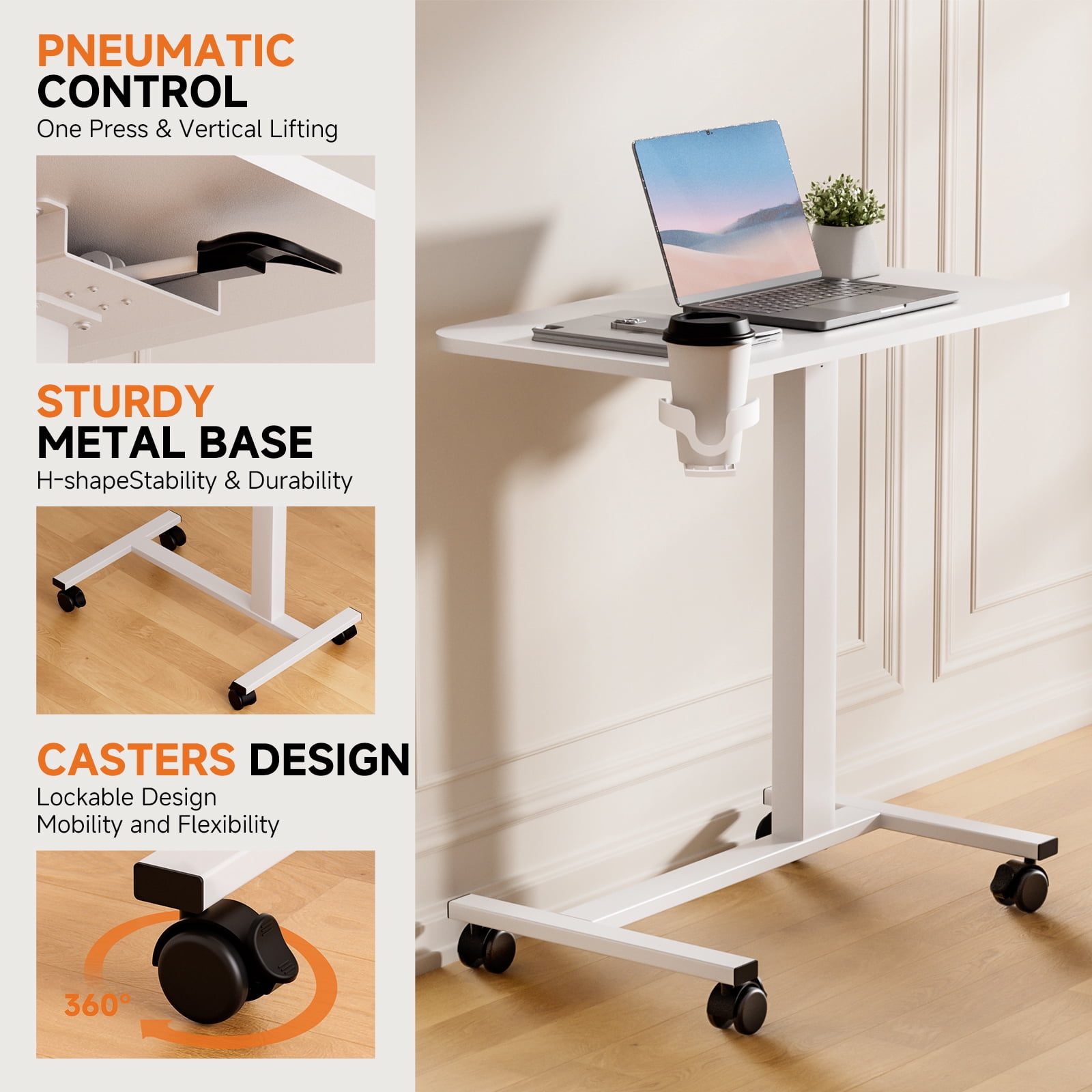 COMHOMA Adjustable Overbed Bedside Table with Lockable Wheels, Pneumatic Mobile Standing Laptop Desk, Small Standing Desk Portable Rolling Overbed Table Hospital Home Use, White
