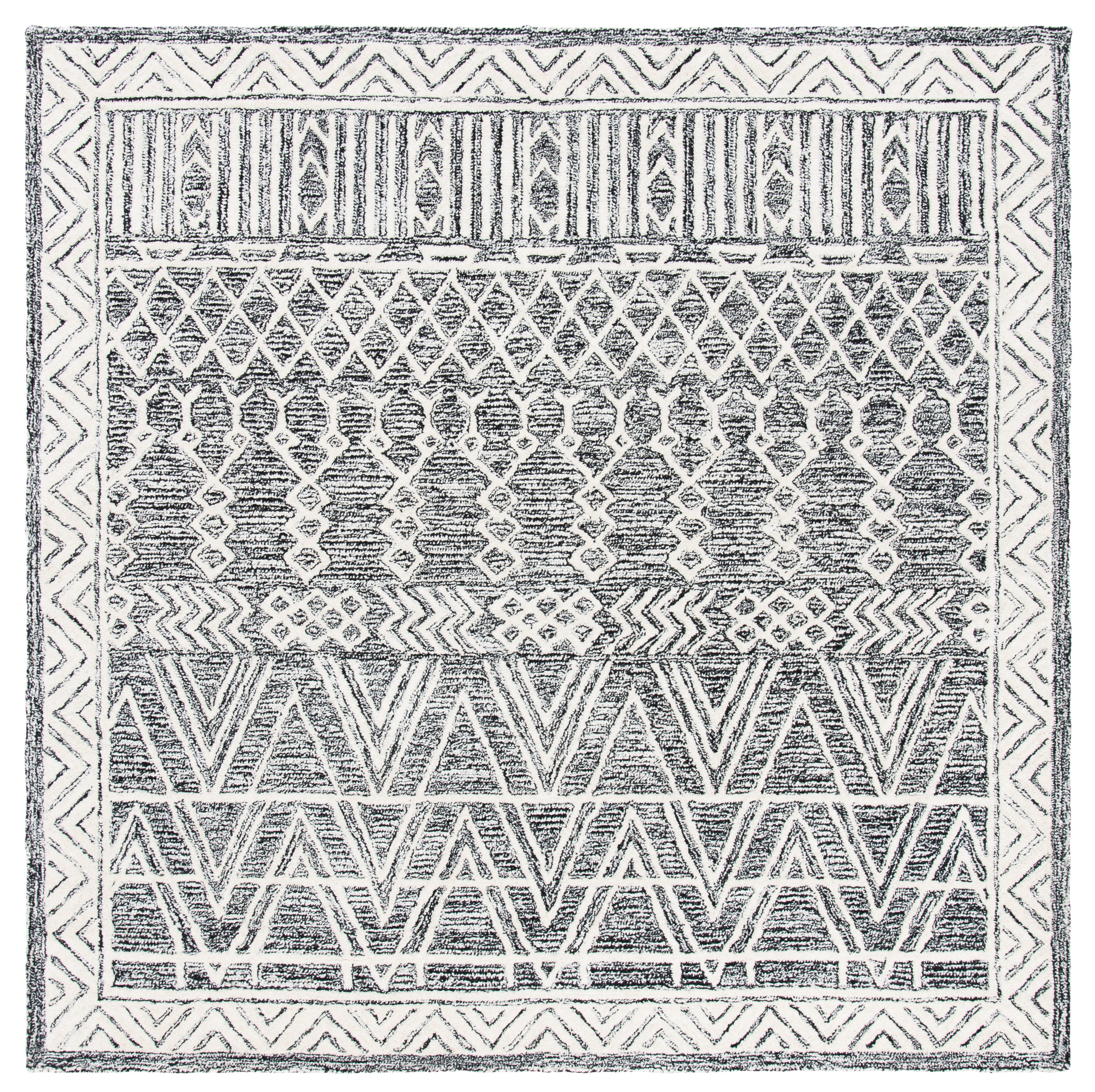 SAFAVIEH Abstract Alastar Geometric Wool Area Rug, Ivory/Black, 6' x 6' Square