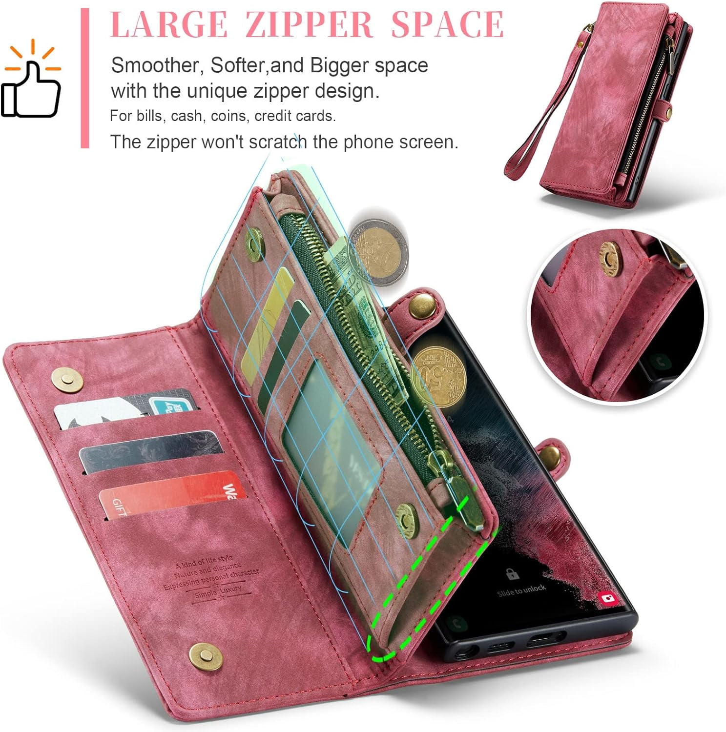 Phone Case for Samsung Galaxy S22 Ultra 5G Zipper Wallet Cover with Tempered Glass Screen Protector and Flip Cash Card Holder Cell Accessories Gaxaly S22ultra 22S S 22 22ultra G5 Women Men Red