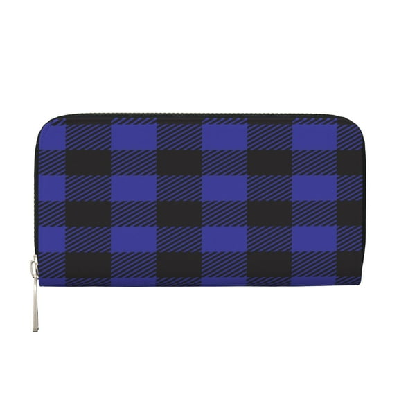Leather Zipper Pocket Hand Wallet For Women And Men Travel Leather Purse Large Capacity Credit Card Holder Buffalo Plaid Blue Pattern Checkered