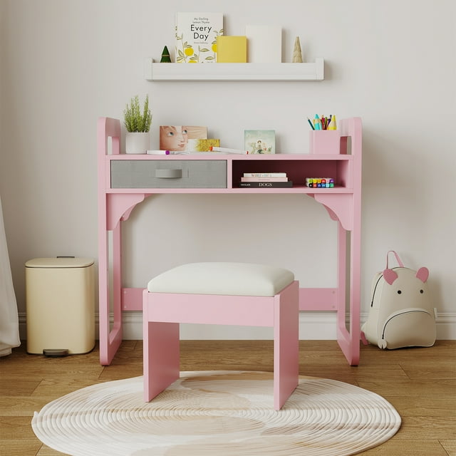Kojooin Wooden Study Desk and Chair Set, Writing Table with Fabric Drawers and Built-In Pen Holder for Kids Learning Space