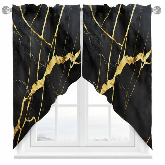 Marble Texture Swag Valances for Windows 2 Pack Modern Black Golden Ripple Effect Swag Kitchen Curtains 63 Inches Long Rod Pocket Short Window Treatment for Kitchen Bathroom 36"x63"
