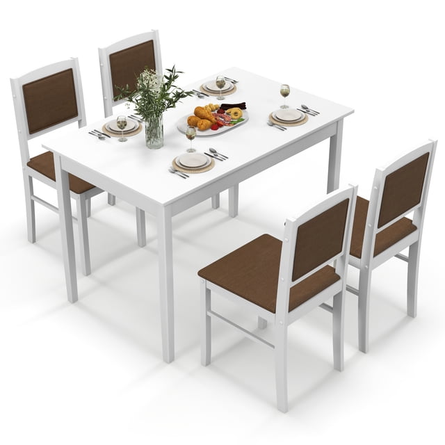 Costway 5 PCS Dining Table Set for 4 with Rubber Wood Legs Upholstered Seat Padded Backrest White + Brown