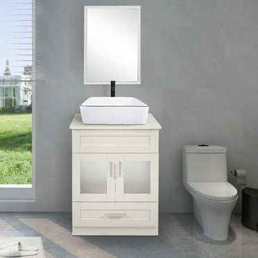 FULLWATT 24" White Bathroom Vanity and Sink Combo with Mirror and Water Saving Chrome Faucet Counter Top Floor Cabinet
