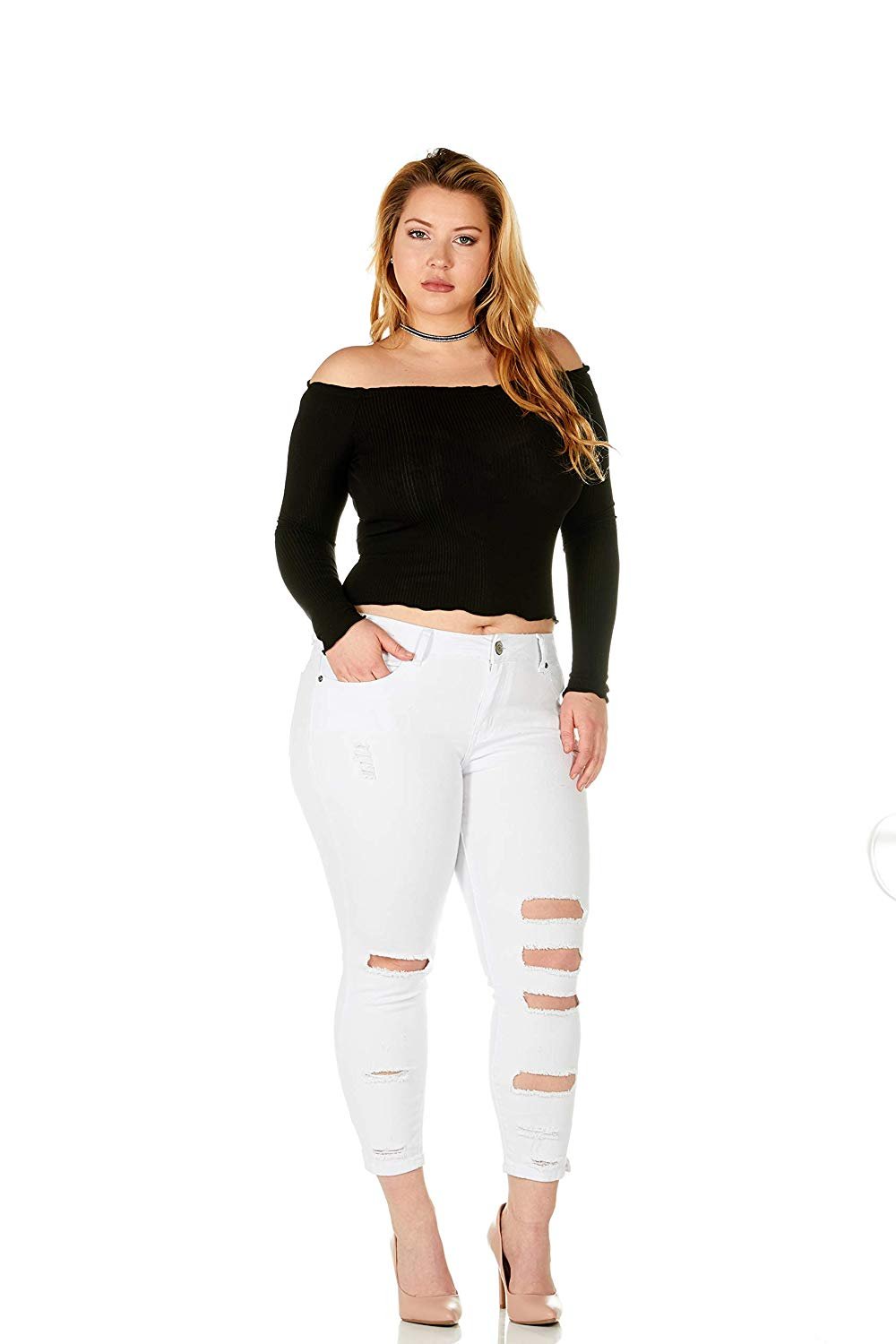 CG JEANS Plus Size Cute Juniors Big Mid Rise Large Ripped Torn Crop Skinny Fit, White Denim 22 - image 4 of 7
