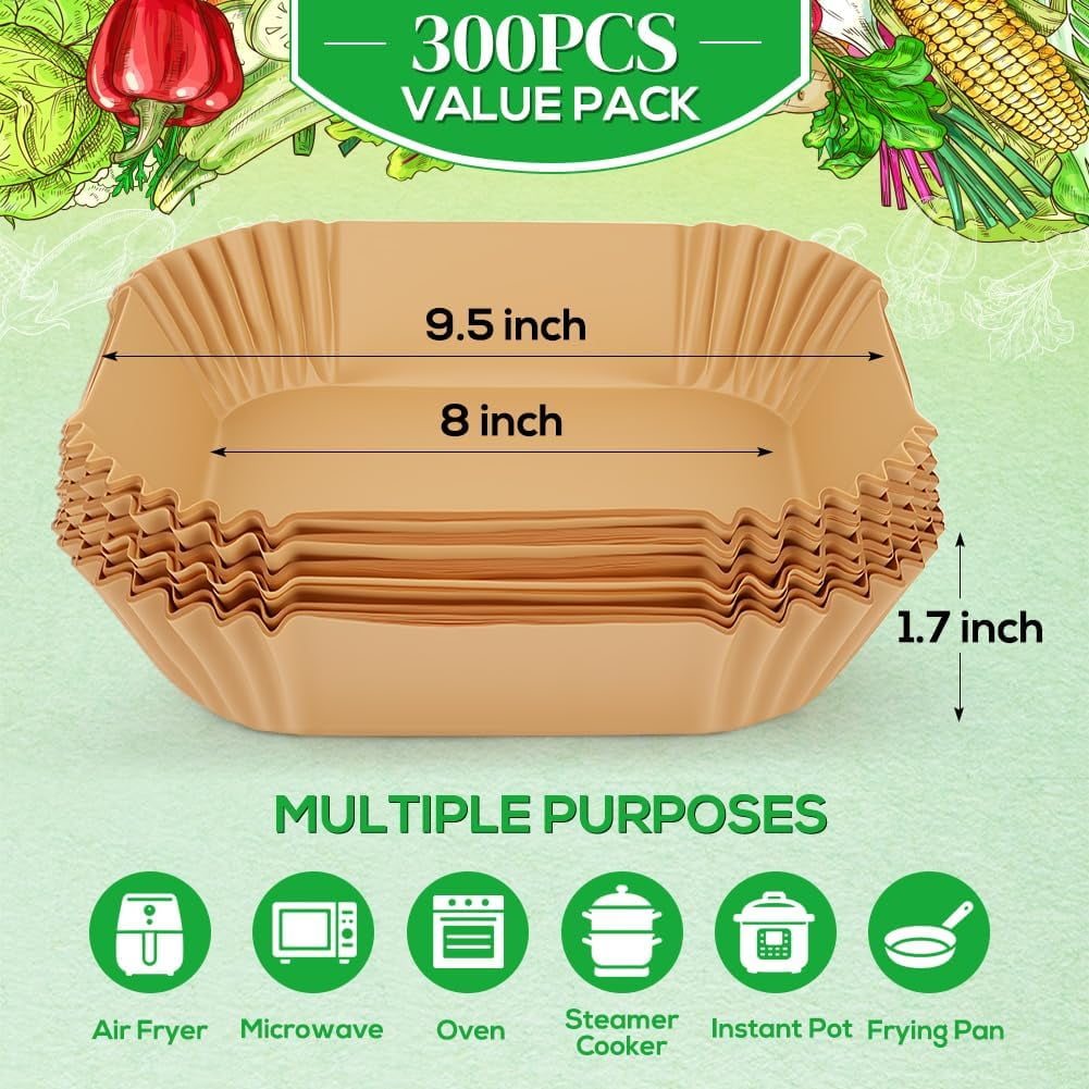 JJEAN-300PCS Disposable Air Fryer Paper Liners for Ninja AF141 5 QT Pro AF181 6.5QT, Cosori Chefman 6 QT &Other 5 to 8Qt Airfryer, 8in Square Air Fryer Parchment Paper, Airfryer Basket Accessories
