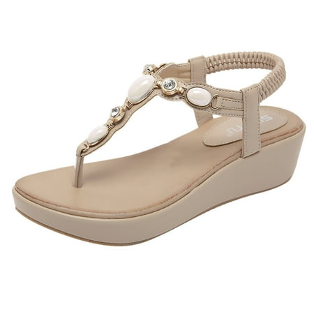 

BADHUD Prime Deals Thong Flat Sandals Casual Rhinestone T Strap Dress Sandals Ankle Buckle Dress Bohemian Pearl Crystal Flat Sandals for Women Summer Wedding