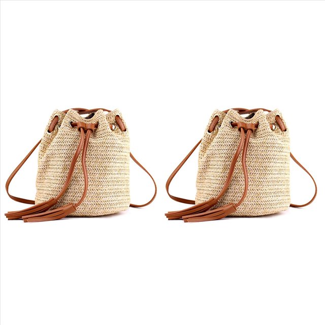 2X Bolsa de Mensajero Bolsas de Playa de Verano de Tela de Senora con Borlas Bolsa de Cuerpo Cruzado de Tejido Bolso de Playa de Punto Banco de Dinero Tejido de Mujer, Marron