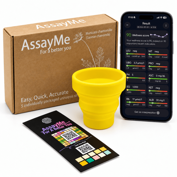 AssayMe 10-in-1 Urine Test | AI Scan · Ketones, pH & Wellness Score