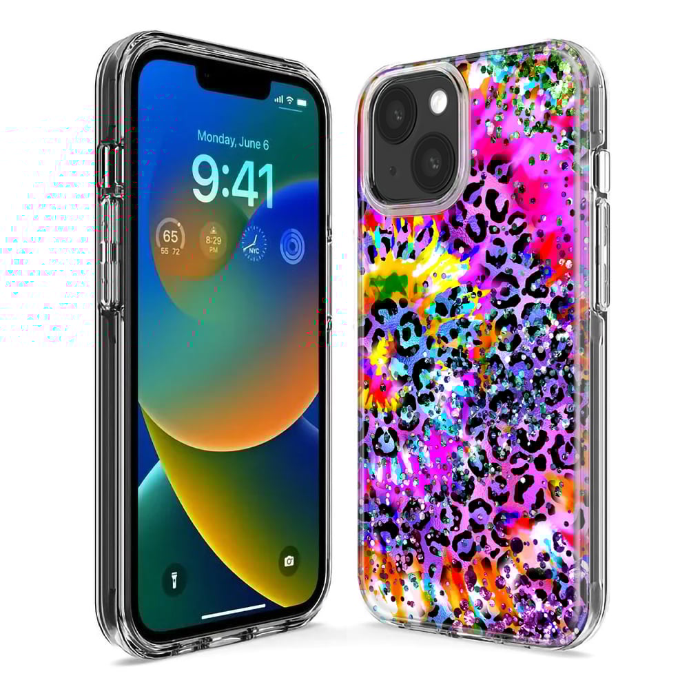 thumbnail image 3 of MUNDAZE Apple iPhone 13 Pro Max Shockproof Clear Hybrid Protective Phone Case Vibrant Pink Purple Tie Dye Summer Leopard Swirl Rainbow Cover, 3 of 5