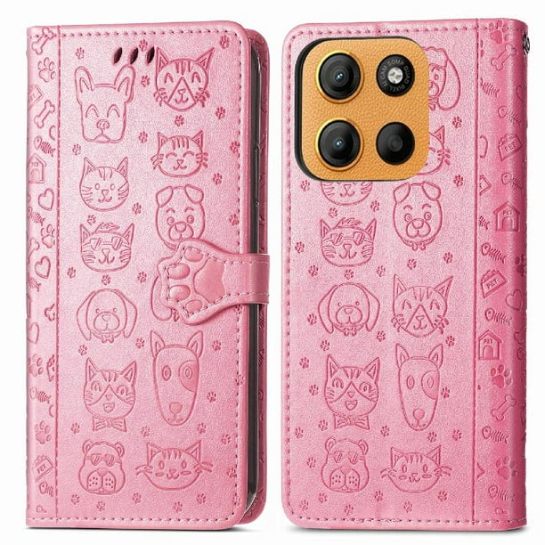 Funda Cartera FOXDOCK para Motorola Moto G15 , Flip PU con Relieve de Gatos y Perros, Tarjetero y Soporte