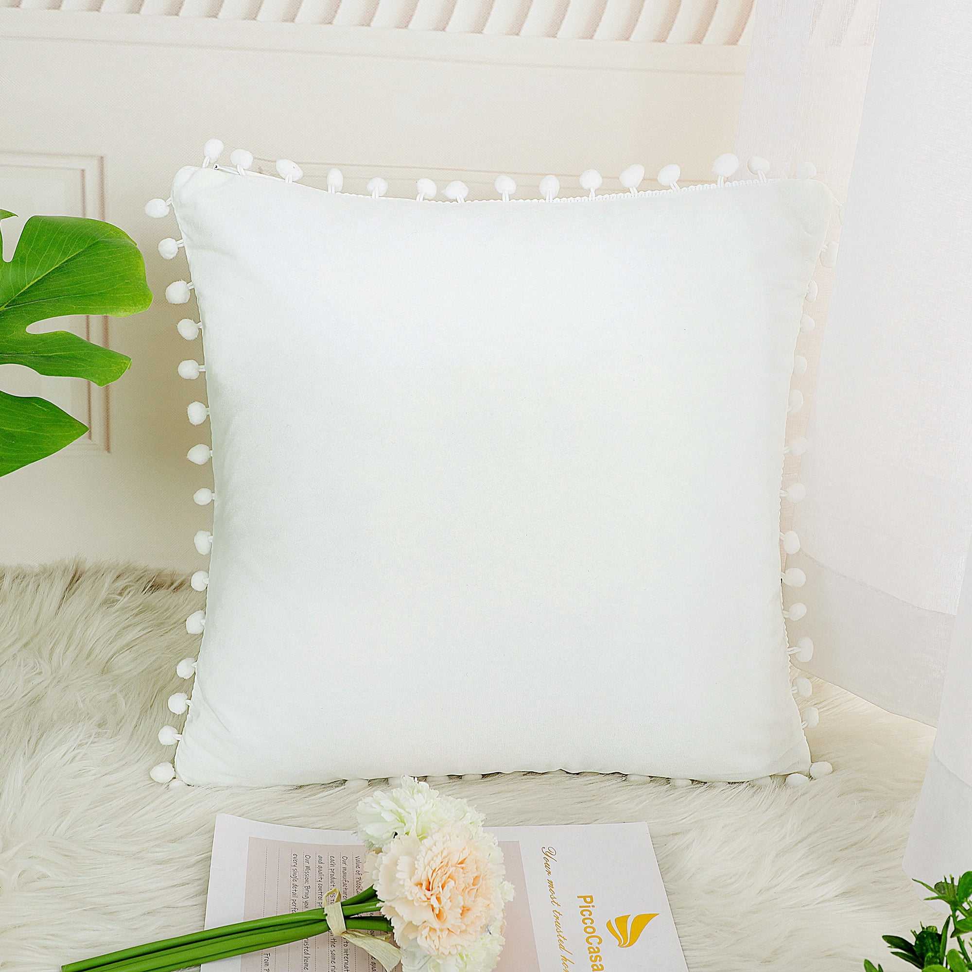 Unique Bargains Velvet Pillow Cover with Pompoms for Sofa 1PCS Snow White 18x18Inch