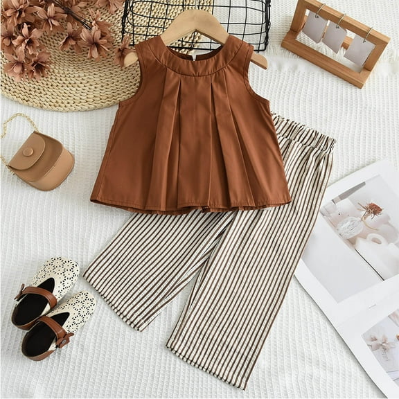 NAISIBABY Girls Outfits 2-Piece, Ruffles Sleeveless Tops with Striped Pants Comfort Summer Playwear Sets Coffee 3-4T