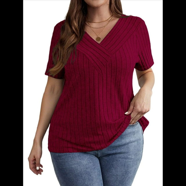 Camisa Informal de Corta con Cuello en V Cruzado, Color Liso, con Perforaciones y Diseño Cepillado para Mujer, Talla Grande Vino Tinto 4XL