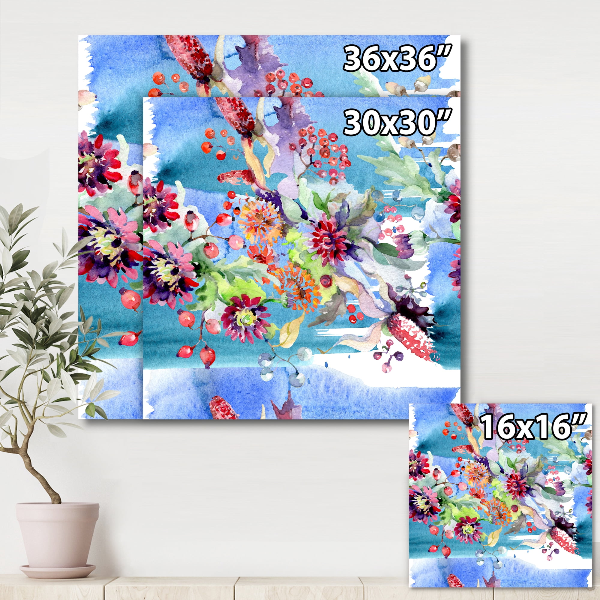 Designart ' Wildflowers and Vibrant Wild Spring Leaves XIII ' Modern Canvas Wall Art Print