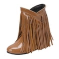thumbnail image 1 of Bottes Mi-Mollet Larges à Longues Franges pour Femmes avec Talons Compensés Cachés Boho à Franges en Cuir Bout Rond Bottines Courtes Habillées, 1 of 8