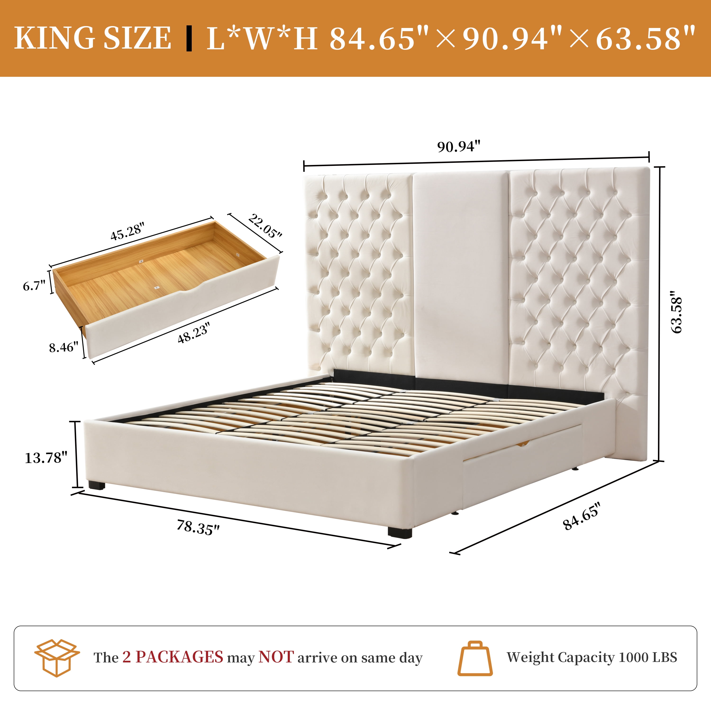 King Size Bed Frame 63.58" Tall Headboard, Velvet Upholstered Platform Bed, Drawers & Button Tufted, Easy Assembly, No Box Spring Needed, Cream