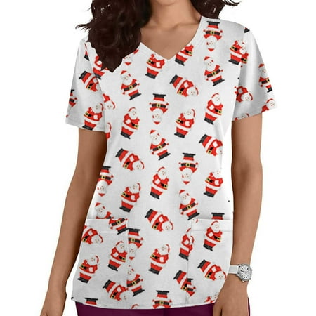 

CHGBMOK Work T Shirts for Women Clearance Scrub Tops Short Sleeve Workwear V-Neck Coveralls with Pockets