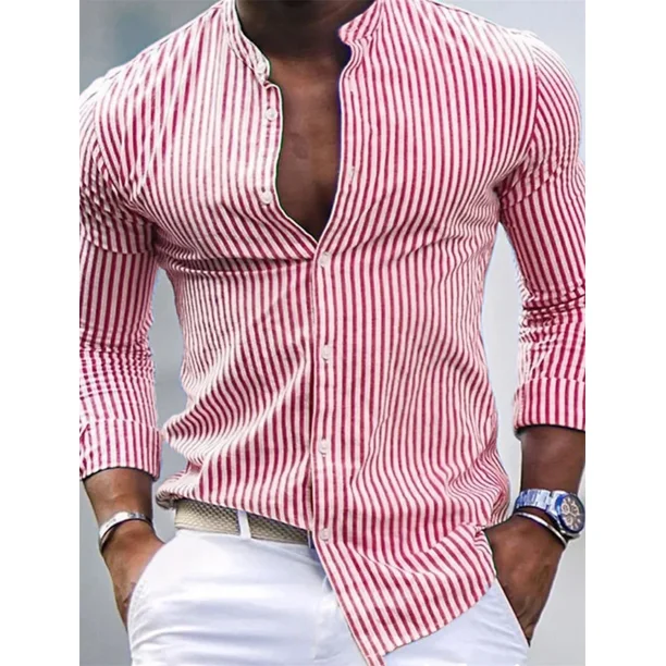Camisa de playa informal con botones para hombre, de color rosa, azul y verde, de manga larga a rayas, cuello alto, ropa hawaiana Vaion, blusa estampada