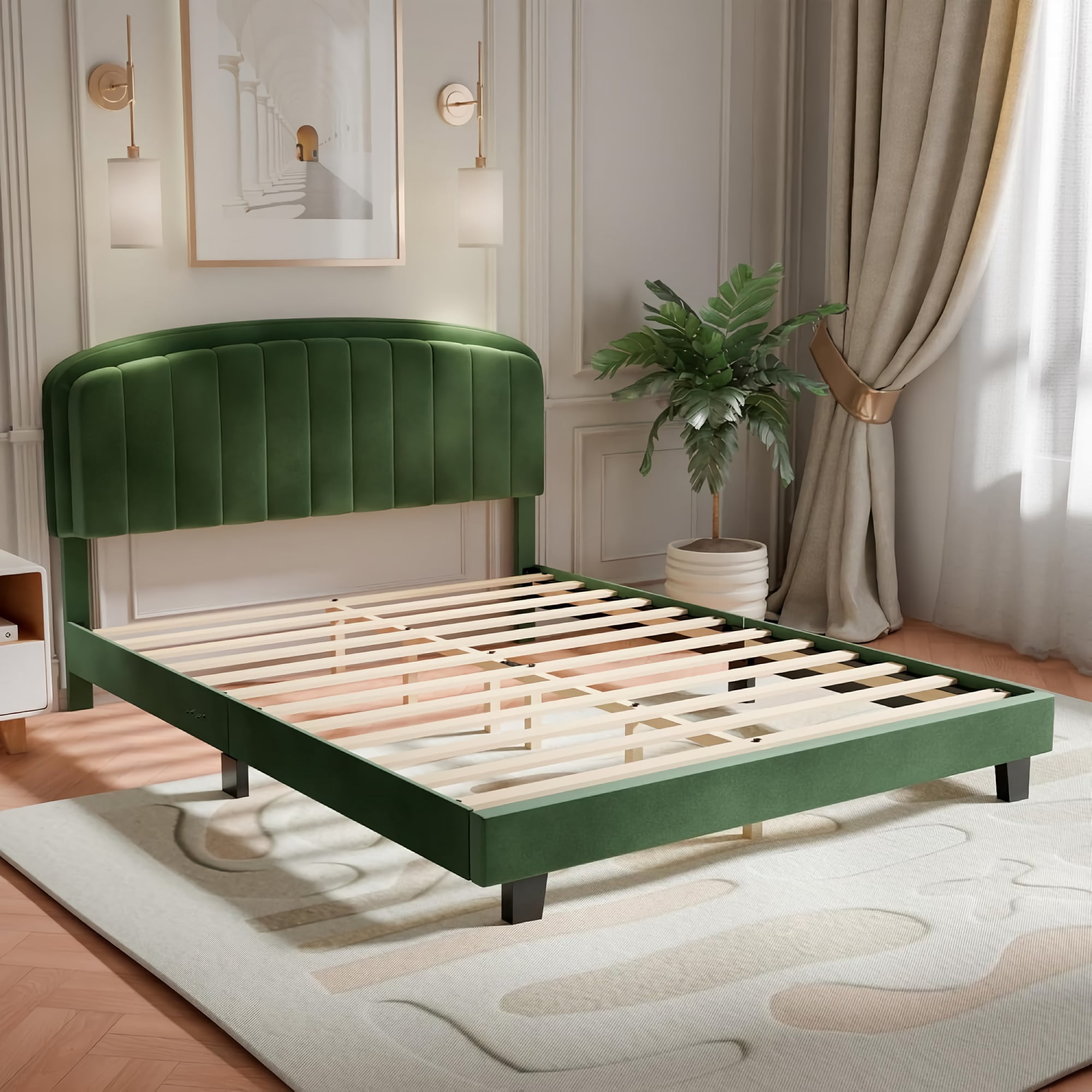 Green Queen size bed flame Last Offer‼️ Yegee Velvet Upholstered Bed Frame with Wingback Queen Size