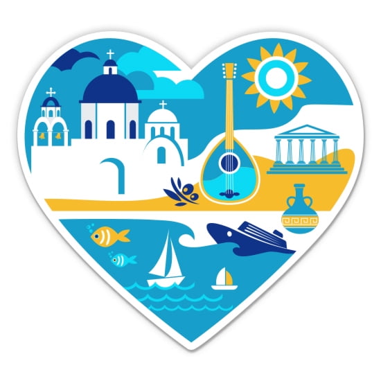 Greece Travel Heart - 3" Vinyl Sticker - For Car Laptop Water Bottle Phone - Waterproof Decal