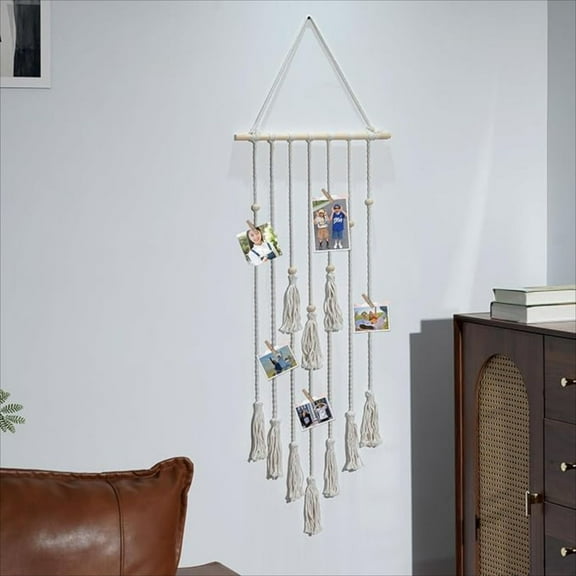 OFEFE Macrame Photo Display Wall Hanging with 30 Wood Clips - Bohemian Picture Frame Holder for Christmas Cards, Photos, Artwork | Ivory Wall Decor for Bedroom, Dorm, Living Room (42x16.5 Inches)