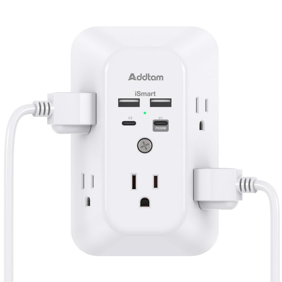 Rallonge de Prise, Parasurtenseur - Addtam Répartiteur à 5 Prises avec Chargeur Mural USB 4 Ports (PD 30 W), Barre d'Alimentation à Prises Multiples pour la Maison, Essentiels pour Chambre en Résidence