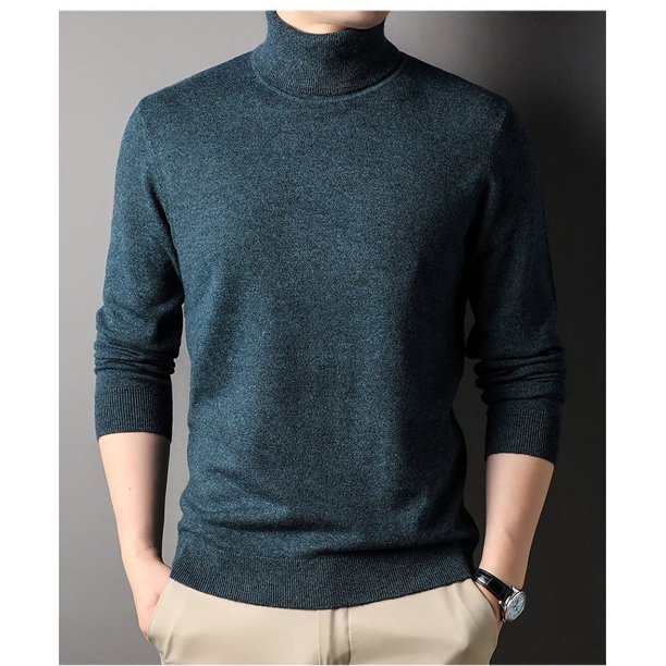 Suéter de cuello alto para hombre, suéter de color sólido cálido de grosor medio, camisa de base de pura lana para hombre